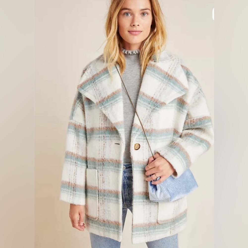 Anthropologie Cream and Blue Plaid Teddy Jacket